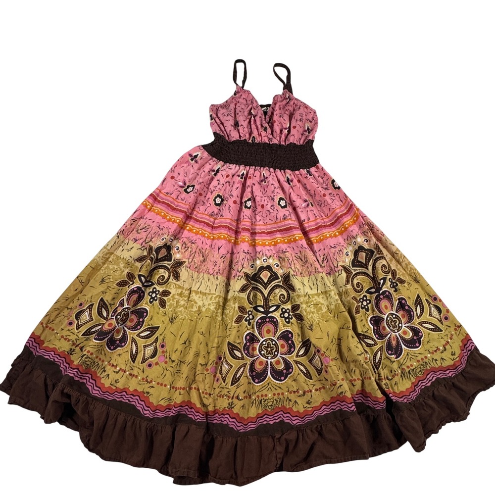 J. Gee Ruffle Midi Dress Women's 1X Pink Brown Floral Cotton Smocked Waist Boho